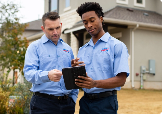 ProPlan-Imge-1 Two HVAC maintenance technicians smile and stand in a front yard in Chicago.