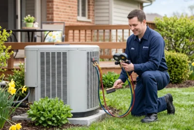 A NATE-certified HVAC technician performs a spring AC tune-up on a residential outdoor condenser unit in Mokena, Illinois, checking refrigerant levels on a sunny day with blooming spring flowers.