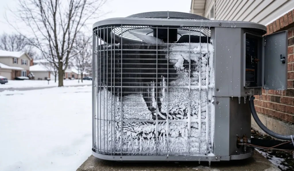 close-up-of-heat-pump-outdoor-unit-with-frost-buildup Close-up of a heat pump outdoor unit with frost buildup on coils — common repair scenario at a Mokena, IL home