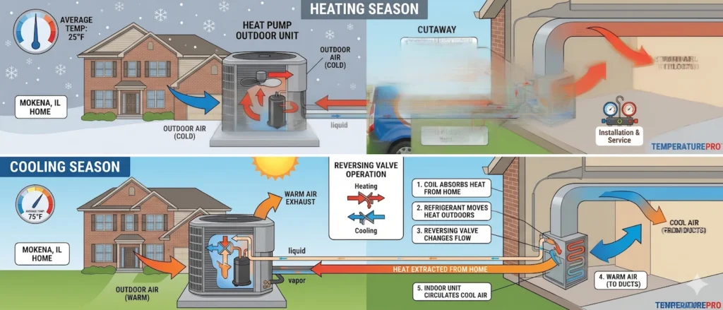 diagram-showing-how-a-heat-pump-system-works Diagram showing how a heat pump system transfers heat between outdoor and indoor units across heating and cooling seasons in Mokena, IL