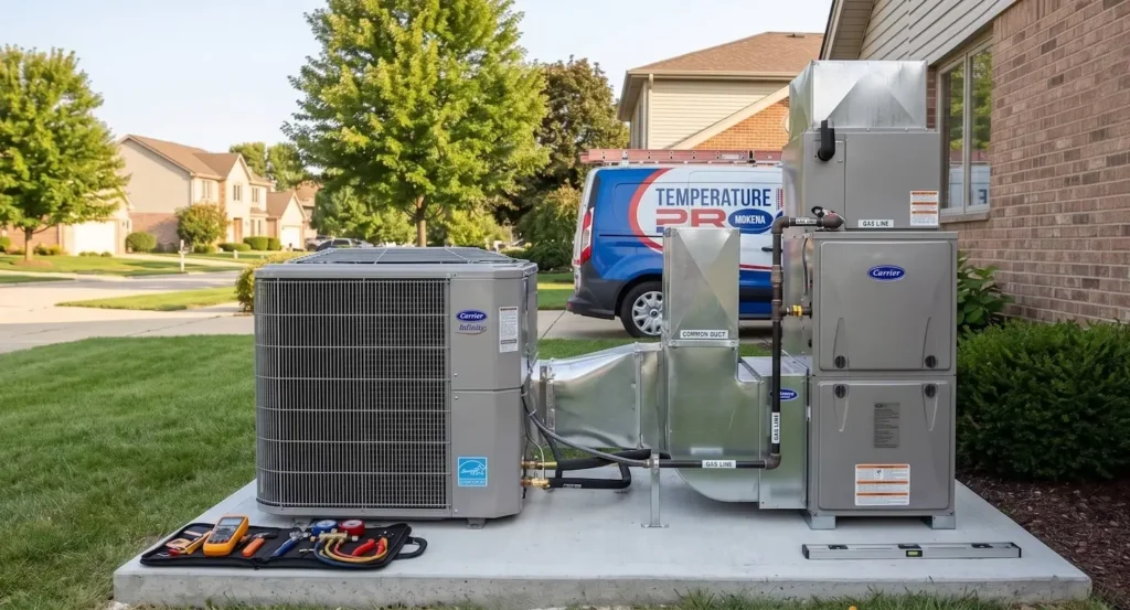 dual-fuel-heat-pump-and-gas-furnace-mokena-il Dual-fuel hybrid heat pump and gas furnace system installed side by side at a Mokena, IL home