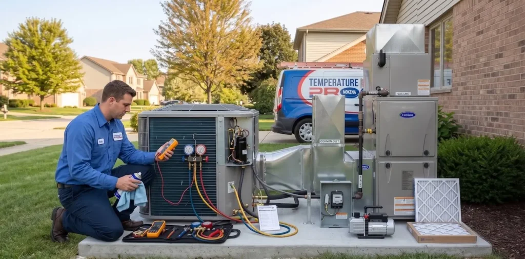 hvac-technician-performing-seasonal-heat-pump-tune-up-and-maintenance-mokena-il TemperaturePro Mokena technician performing a seasonal heat pump tune-up and maintenance inspection at a Mokena, IL home