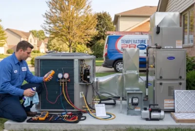 TemperaturePro Mokena technician performing a seasonal heat pump tune-up and maintenance inspection at a Mokena, IL home
