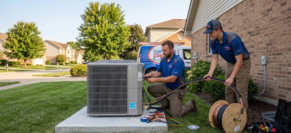 temperaturepro-mokena-technicians-installing-high-efficiency-heat-pump-at-residential-property TemperaturePro Mokena technicians installing a new high-efficiency heat pump at a residential property in Mokena, IL